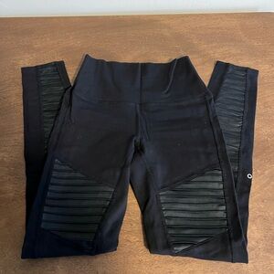 Alo Yoga High Waist Moto Leggings Black Leather Ribbed Panels